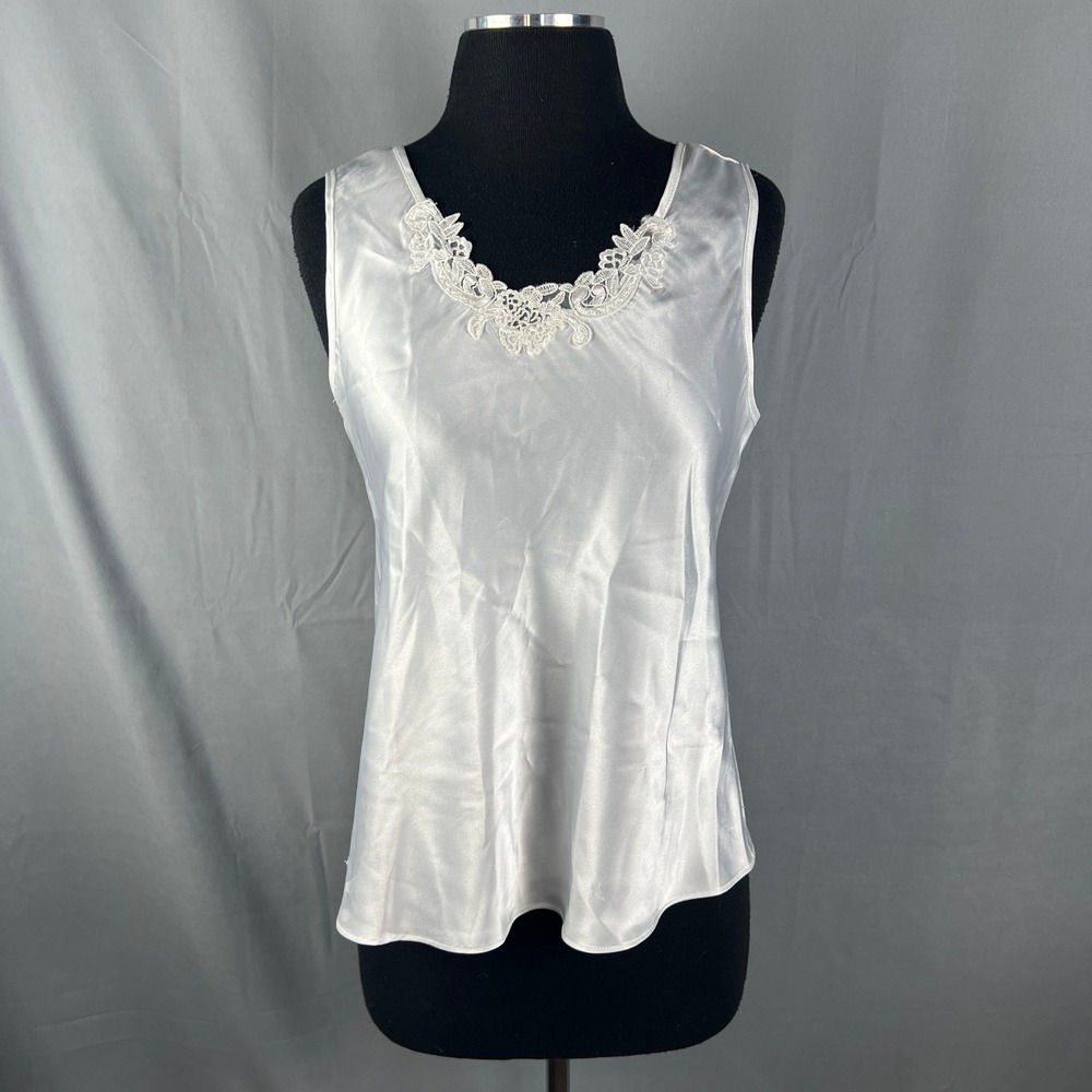 Secret Treasures Camisole Top Women M White Satin Lace Trim Wide Strap Sleepwear